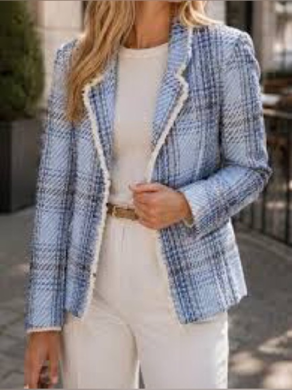 Giorgia Giannini Made in Italy Blue Plaid Tweed Knit Open Blazer Fringe Trim